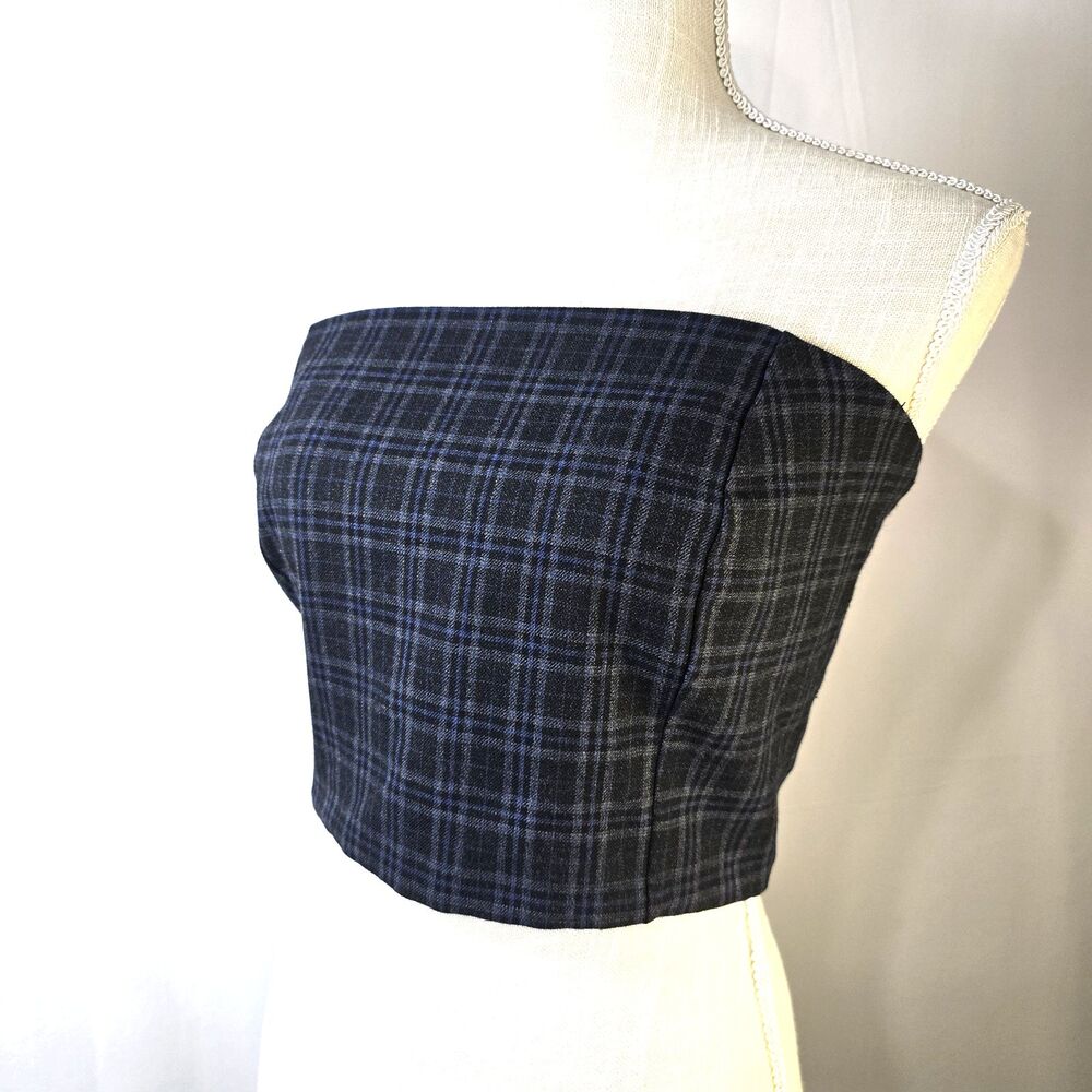 SAY Turkish Brand Formal Bustier Strapless Top Black Blue Plaid Size 42 - Large